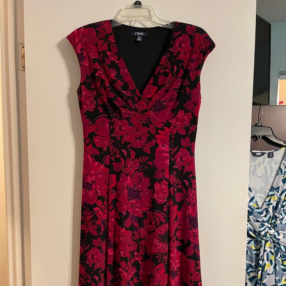 Chaps Women's Black and Red Floral Midi Dress size Medium